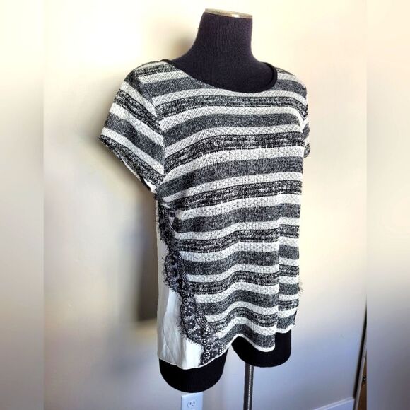 IZ Byer Black White Stripe Mixed Media Blouse Top Lace Knit Semi Sheer Size XL - Picture 1 of 13
